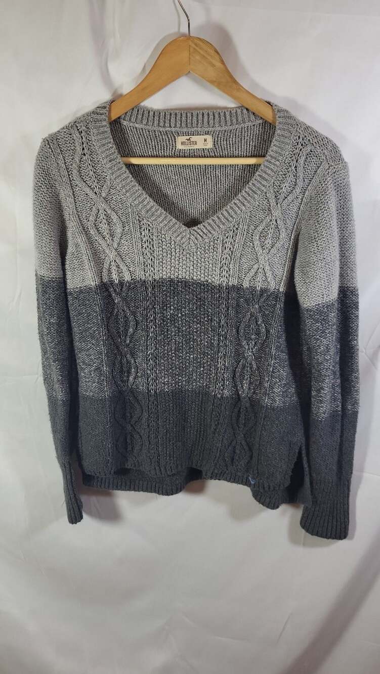 Y2k Hollister Ombre Colorblock Grey V-Neck Cable Knit Sweater, M